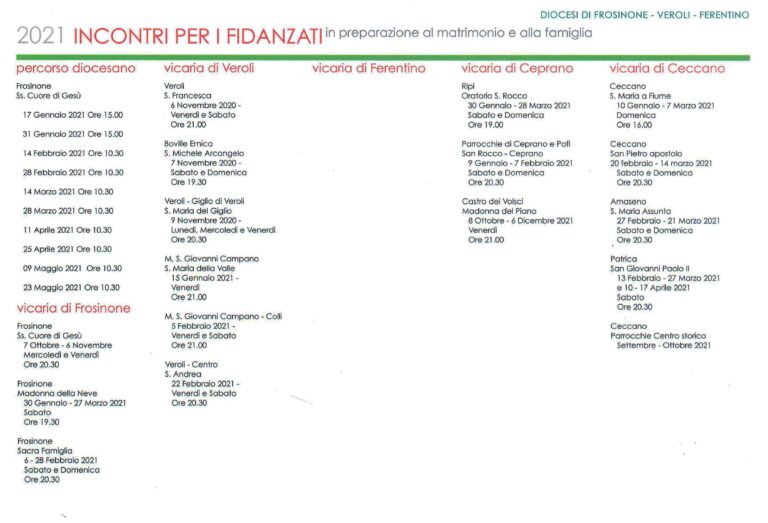 Calendario Incontri Fidanzati 2021